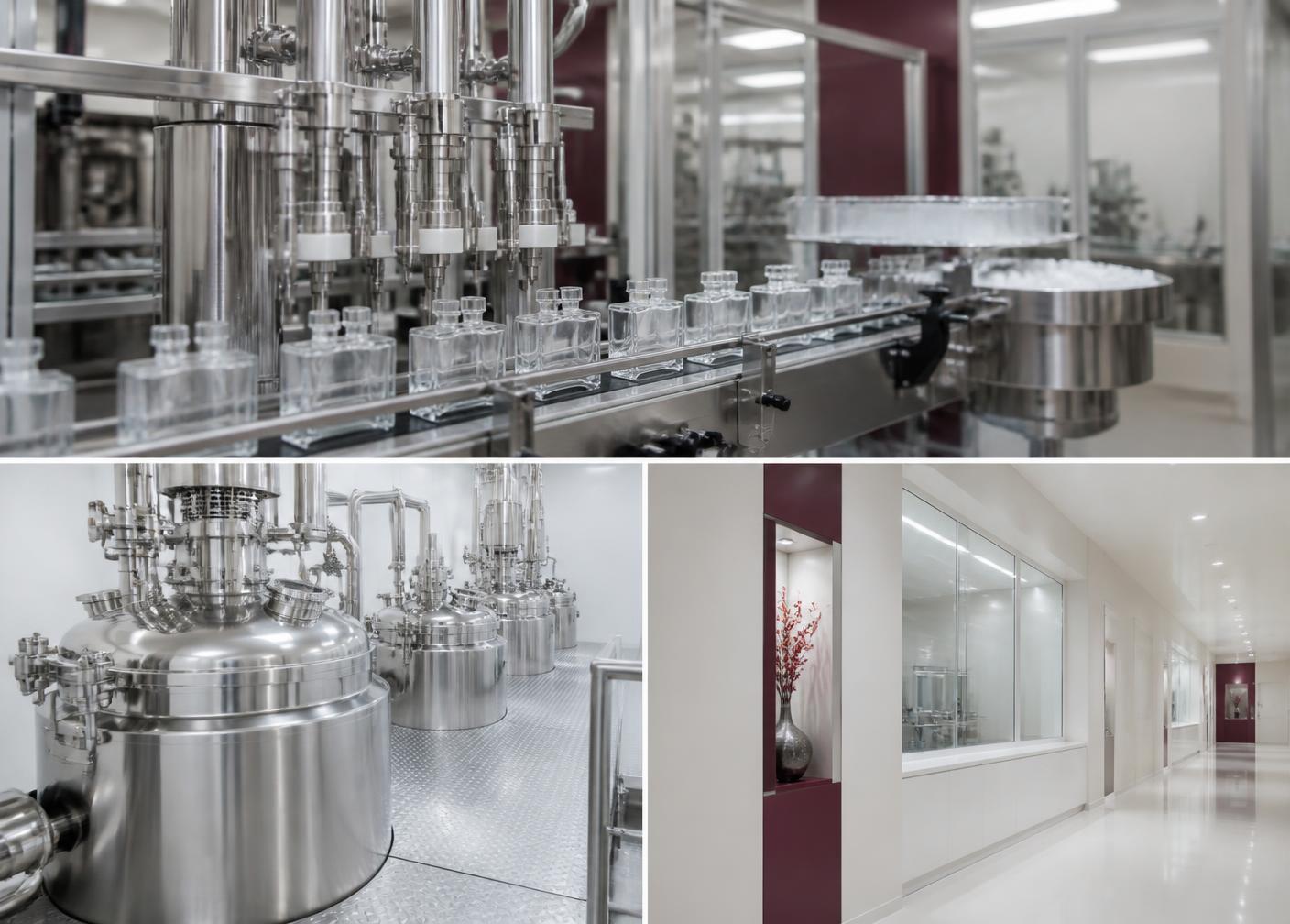 European GMP-certified perfume production area with a filling line, stainless steel mixing vessels and controlled rooms