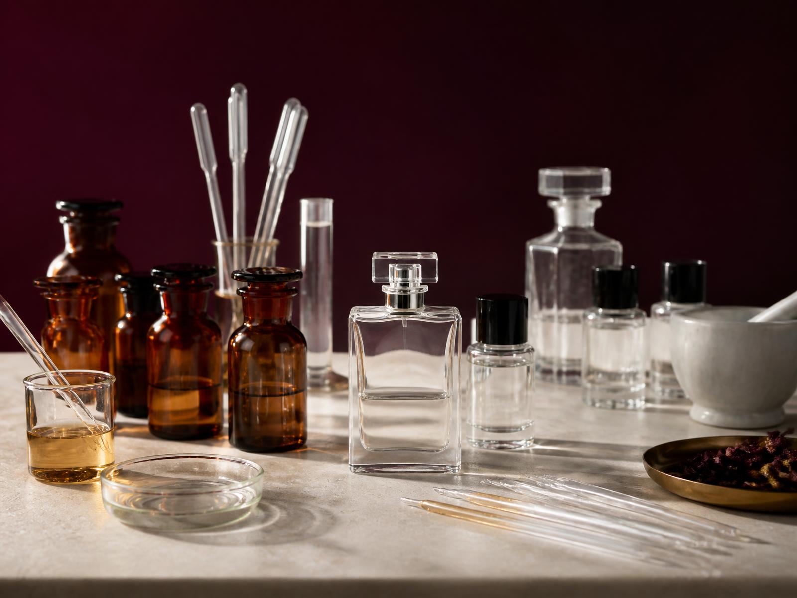 Perfumery bench with amber fragrance concentrates, glass pipettes and unlabelled perfume flacons against a deep burgundy backdrop